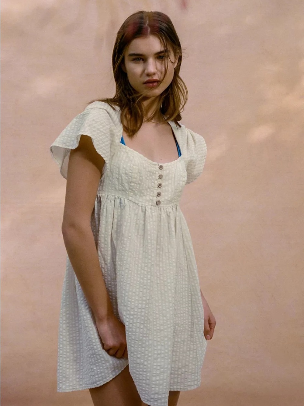 Urban Outfitters Cream and White Stripped Short Sleeve Mini Dress